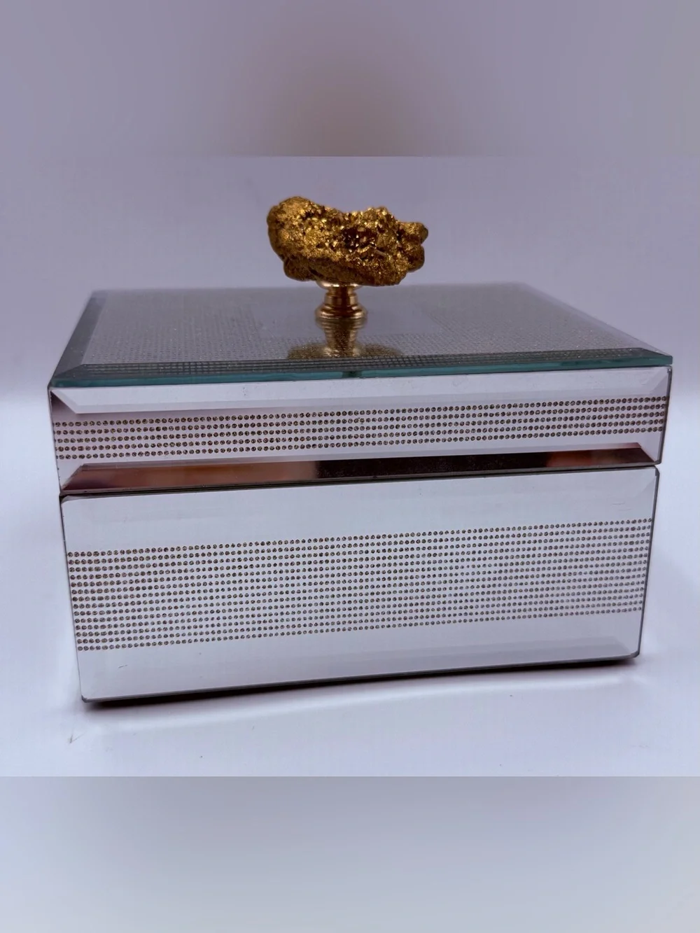Pier 1 Mirrored Jewelry Box Velvet Lined with Gold Nugget Shaped Finial
